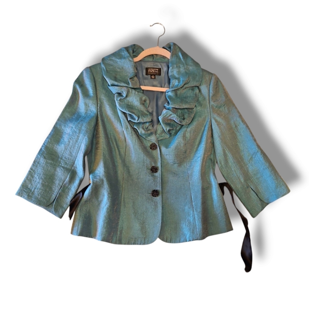 Teal Adrianna Papell Evening Jacket sz.8 short/ ruffle /satin sash beltoptional